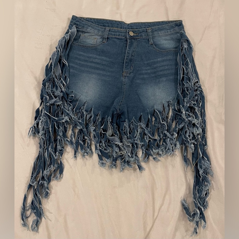 Denim Fringe Jean Shorts - Blue - Picture 2 of 6